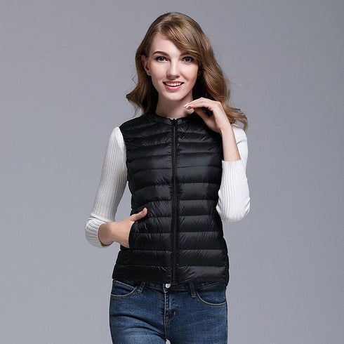 Lightweight down ladies waistcoat all-match slim fit sleeveless waistcoat short round neck large size waistcoat vest - ROUTINE FASHION